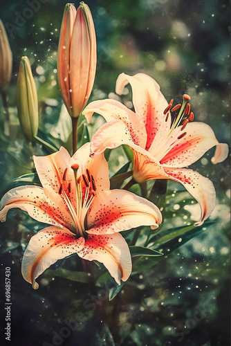 Flowering lily in the summer garden, watercolor painting.