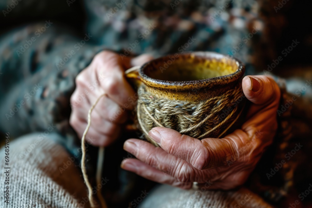 Closeup Of Hands Knitting Cover Around Cup, Showcasing The Art Of Handmade Craftsmanship