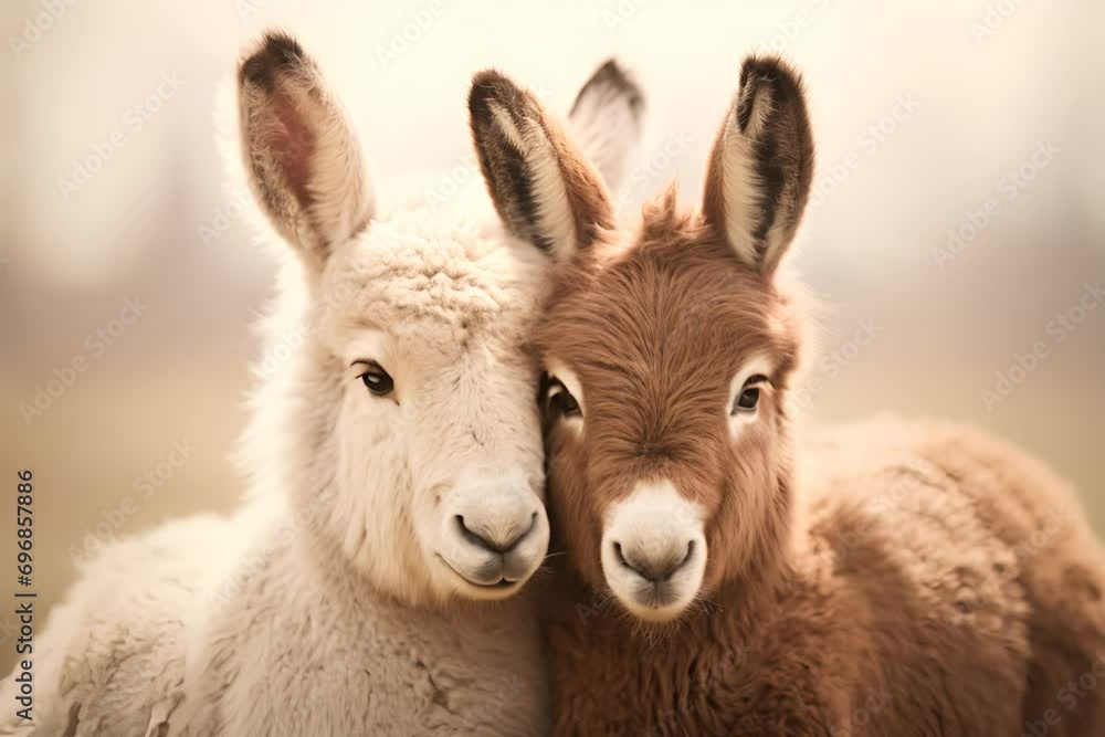 Two cuddly donkeys with soft fur, one white and one brown. Two cuddly donkeys with soft fur, one white and one brown.
