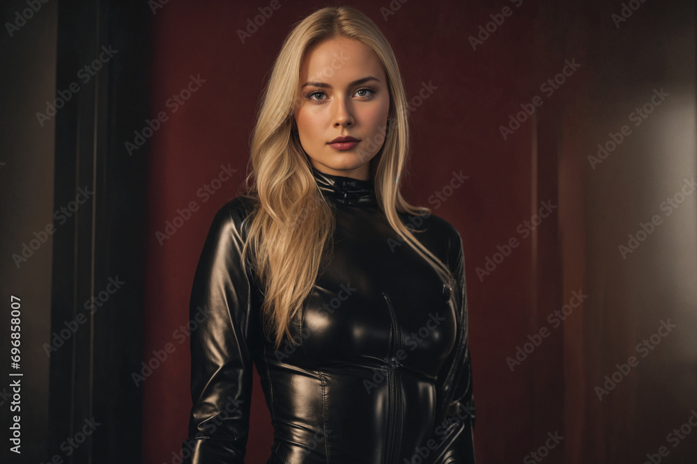 Young bdsm style woman with whip portrait in black latex suit. Generative Ai Young bdsm style woman with whip portrait in black latex suit. Generative Ai