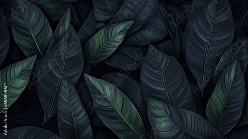 This image features abstract black leaves arranged to form a textured tropical background  blending dark and tropical elements.