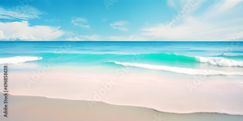 Crystal clear turquoise waters with gentle waves and white sandy beach under a blue sky. photo