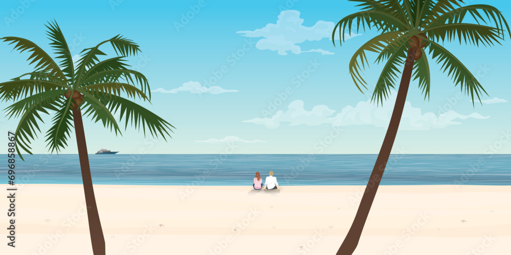 Obraz premium Couple of lover sitting on the beach with yacht at the horizon vector illustration. Traveling date concept flat design.