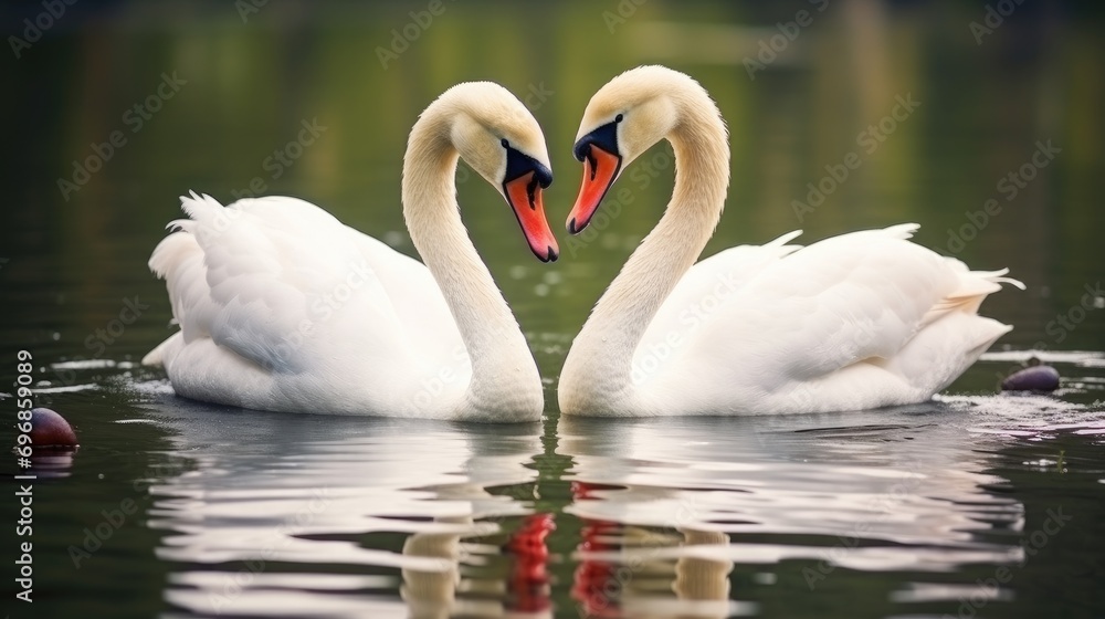 Obraz premium Two white swans form a heart on dark water surrounded by red hearts. Symbol of love, Valentine's day