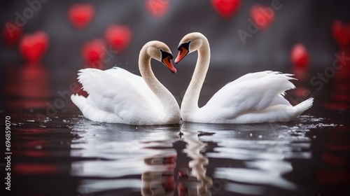 Two white swans form a heart on dark water surrounded by red hearts. Symbol of love, Valentine's day photo
