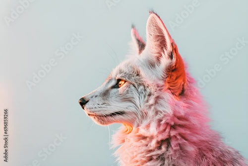 Artistic rendition of a fennec fox with pink fur looking to the side on a light background. photo