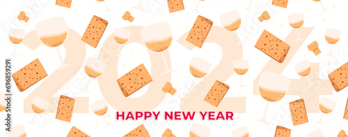 Poster Happy New Year. Vector illustration for greeting card, party invitation card, website banner, social media banner, marketing material.