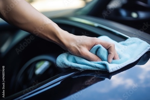 A man's hand wipes the shiny surface of a car with a rag. Car wash service