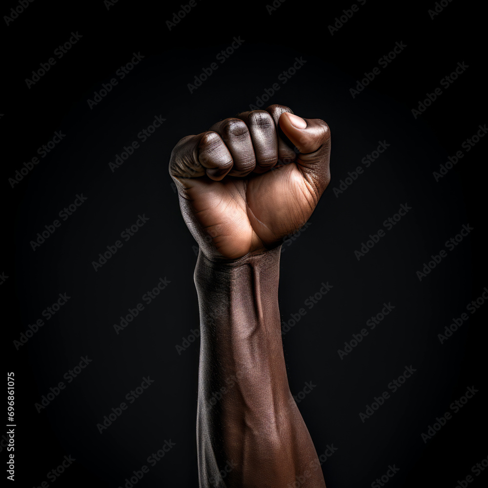 Fototapeta premium Raised Fist in Solidarity and Strength. A powerful clenched fist raised against a dark backdrop symbolizing unity and strength.