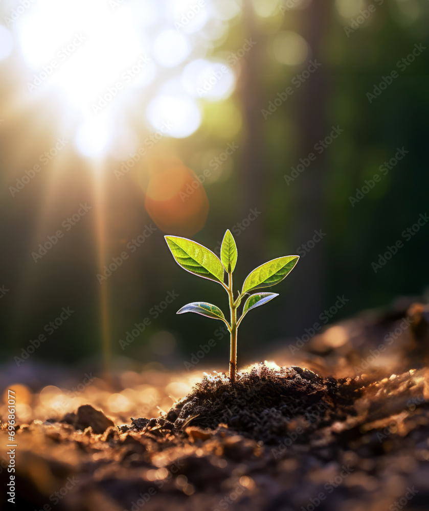 Sapling Basking in Sunlight. Earth Day Concept.
A young plant sprout flourishing in the warm sunlight, symbolizing growth and new beginnings. - obrazy, fototapety, plakaty 