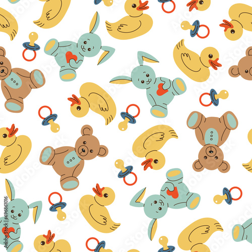 Various toys for kids. Hand drawn vector seamless pattern. Duck  teddy bear  bunny  baby pacifier. Children games  preschool activities concept.