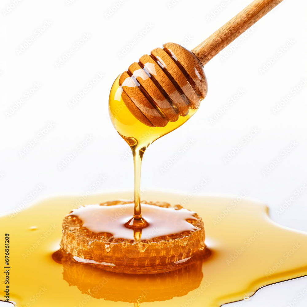 A jar of honey and honeycombs with dripping splashes of honey isolate on a white background A jar of honey and honeycombs with dripping splashes of honey isolate on a white background