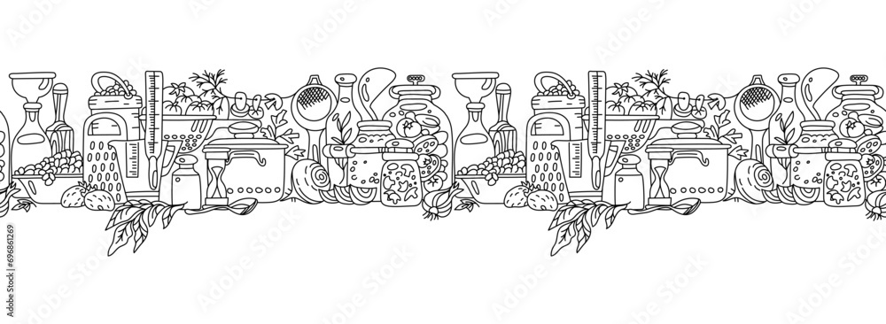 Obraz premium Seamless retro border with canned food for menu or cookbook decoration. Vector illustration on transparent background