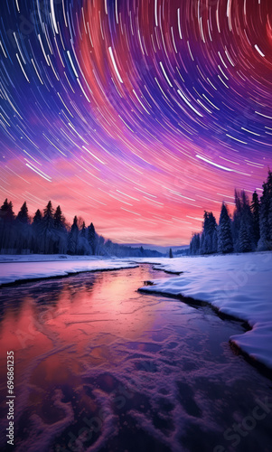 Aurora Borealis over snowy mountains. Northern Lights dancing in the sky over a snowy forest landscape in pink colour. Long exposure.