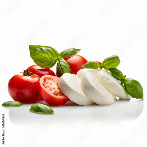 Mozzarella and tomato slices with basil isolated on a white background