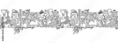 Seamless retro border with canned food for menu or cookbook decoration. Vector illustration on transparent background