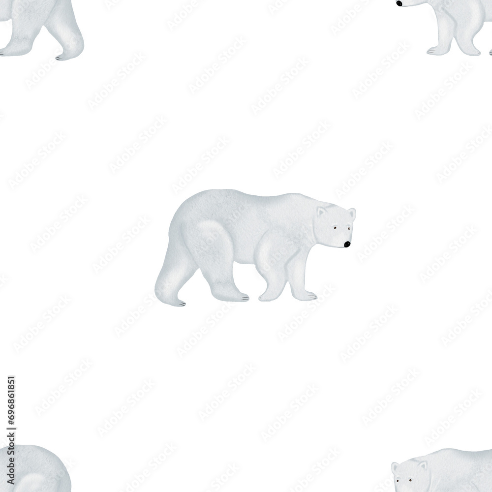 Watercolor seamless pattern white big bear. Hand drawn watercolor illustration of a mammal on an isolated background. Drawing of a big arctic bear for children's textiles and cozy pajamas Watercolor seamless pattern white big bear. Hand drawn watercolor illustration of a mammal on an isolated background. Drawing of a big arctic bear for children's textiles and cozy pajamas