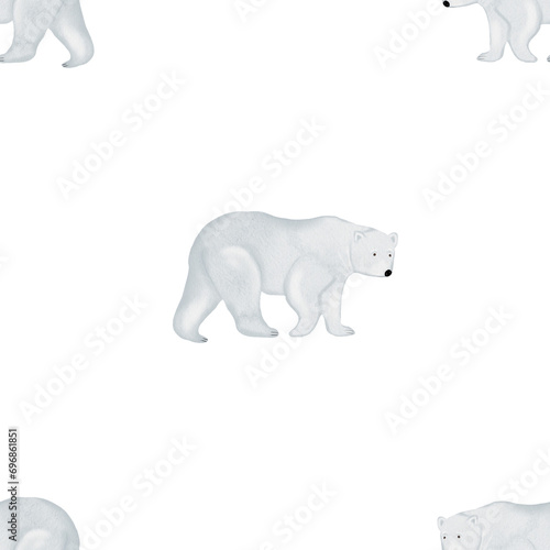 Watercolor seamless pattern white big bear. Hand drawn watercolor illustration of a mammal on an isolated background. Drawing of a big arctic bear for children's textiles and cozy pajamas