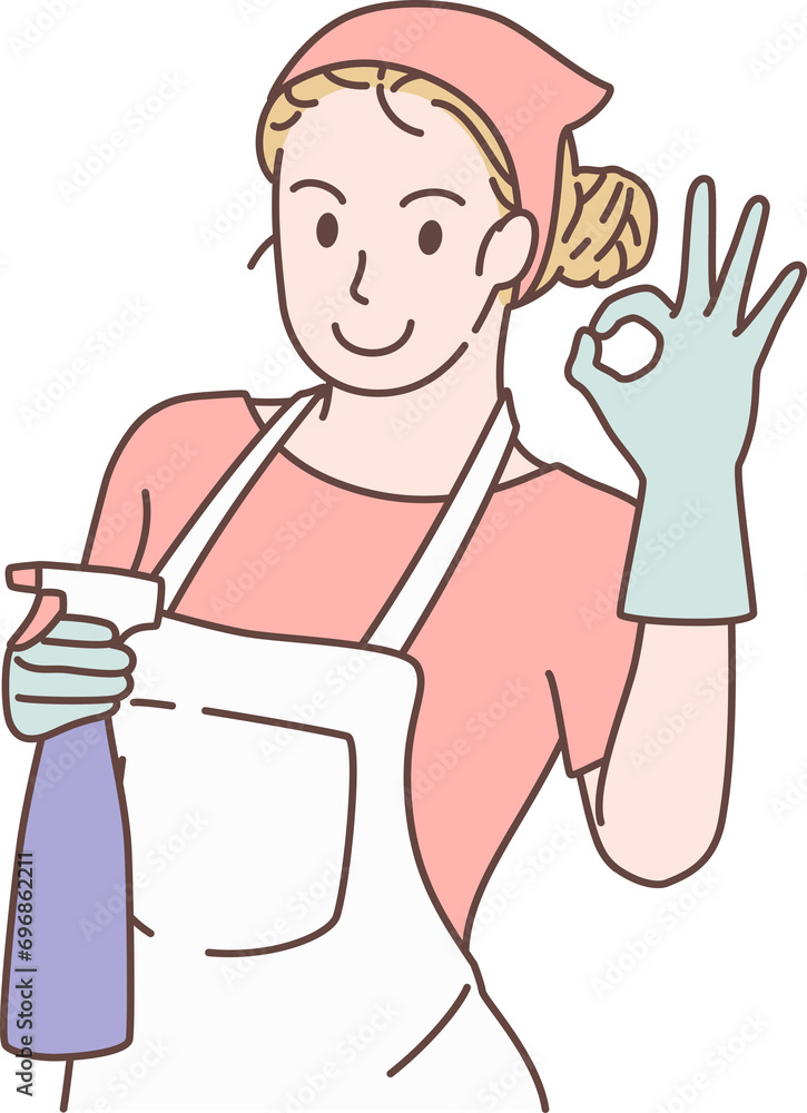 Cleaning service for housework, housekeeper character pose OK signs with spray. Hand drawn style. Cleaning service for housework, housekeeper character pose OK signs with spray. Hand drawn style.