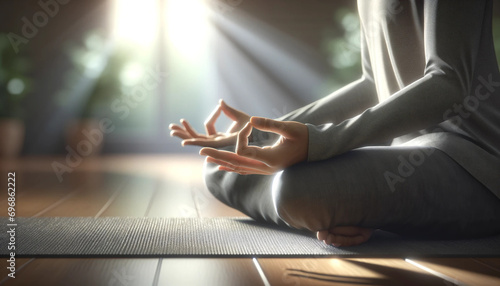 A serene yoga practice captured in a quiet room  with a focus on the delicate hand mudra  embodying calm and concentration.