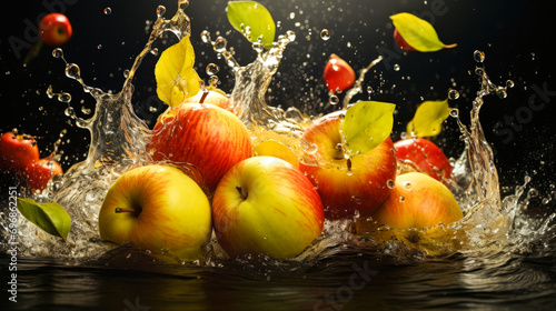 Group of beautiful ripe apples fall into splashing water