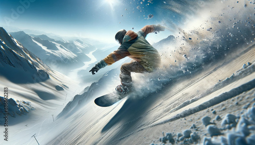 Dynamic snowboarder carving down a mountain slope, snow flying, against the backdrop of a vivid blue sky and expansive mountain terrain.