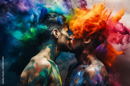 Two kissing men surrounded by bright colors - concept of tolerance to sexual minorities photo