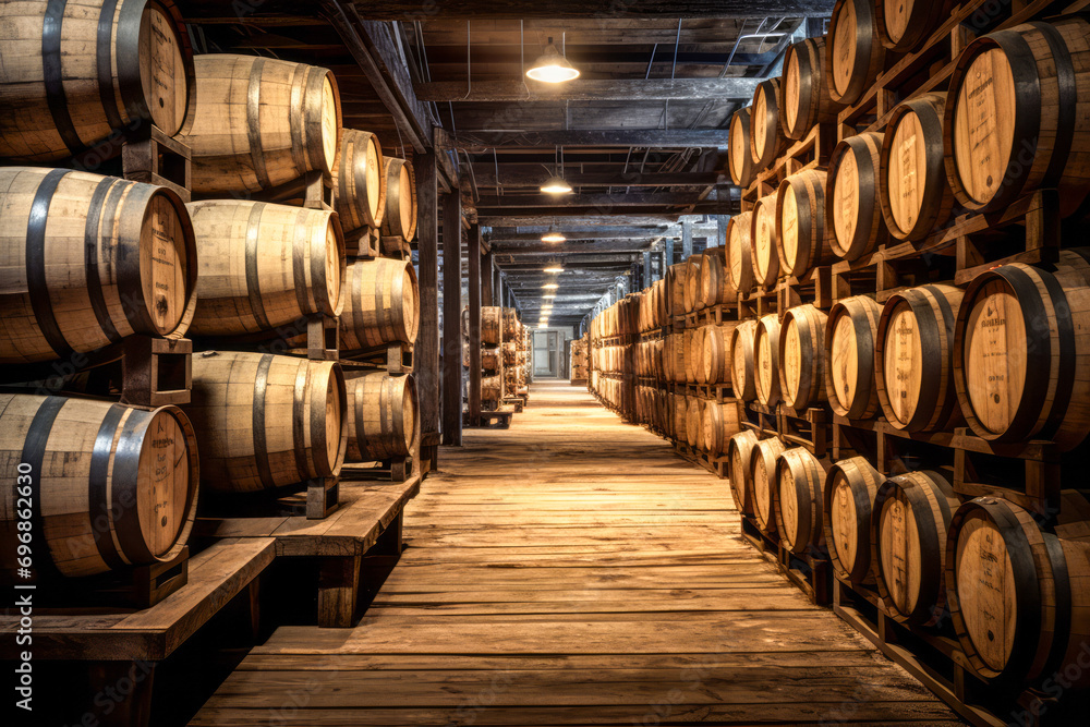 Wooden floored hallway in cellar of distillery surrounded by wooden barrels