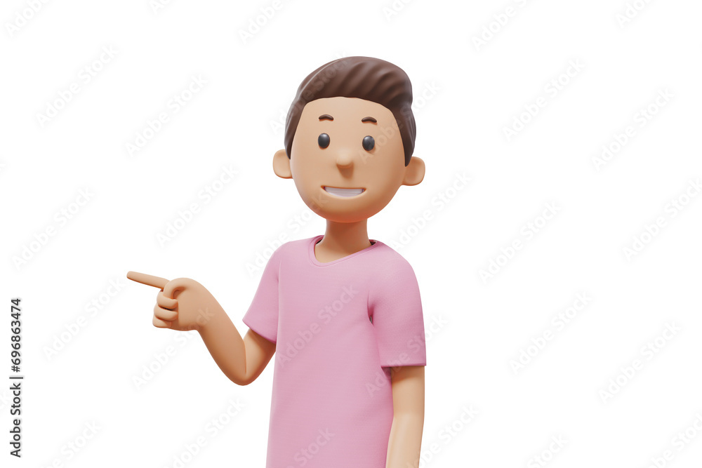 3D man character illustration pointing with pink shirt and transparent background 3D man character illustration pointing with pink shirt and transparent background