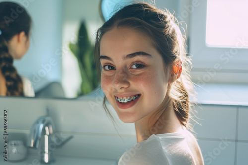 jeune fille adolescente souriante avec un appareil dentaire dans sa salle de bai Fototapet