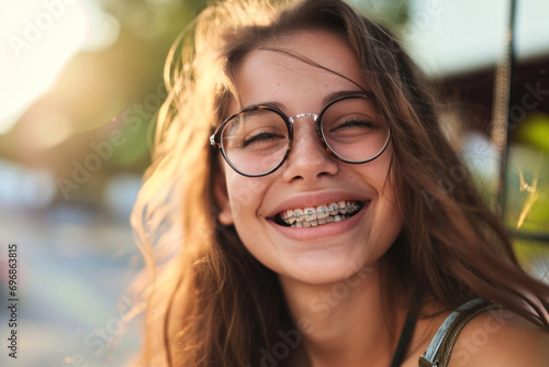 jeune fille adolescente souriante avec un appareil dentaire et des lunettes de vue photo