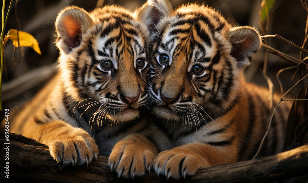 Tender Embrace of Sibling Tiger Cubs Basking in a Warm Light Amidst the ...