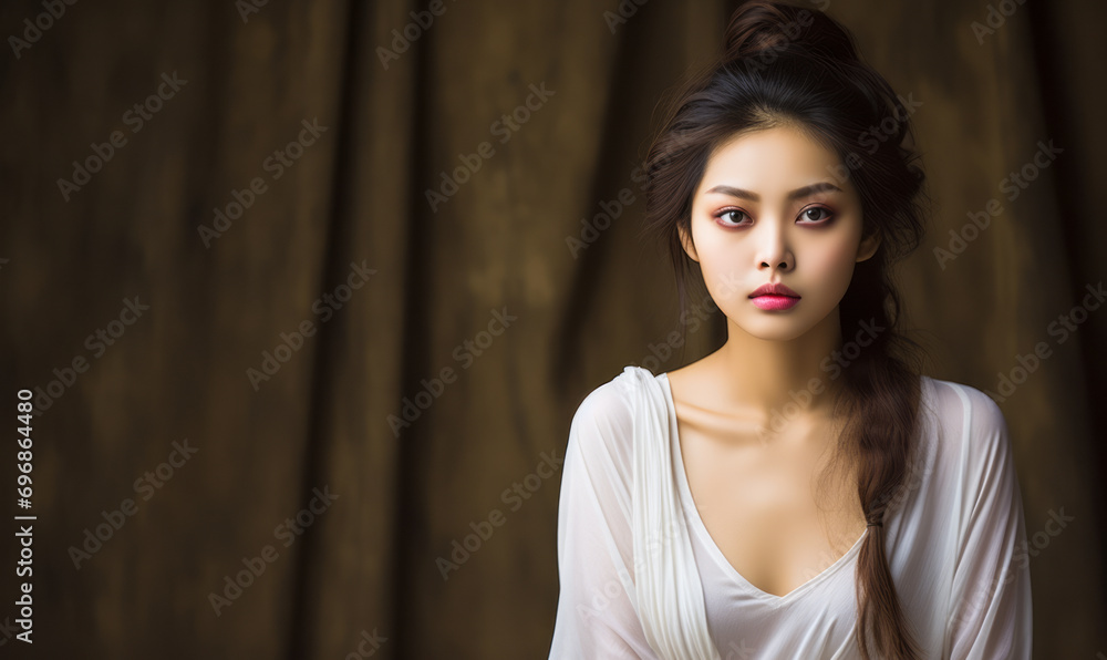 Elegant young Asian woman with delicate features, draped in sheer fabric against a rustic backdrop, exuding serenity and grace Elegant young Asian woman with delicate features, draped in sheer fabric against a rustic backdrop, exuding serenity and grace
