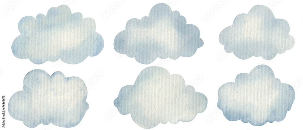 hand painted watercolor sky elements. Weather, clouds and other fairy isolated clipart - obrazy, fototapety, plakaty 