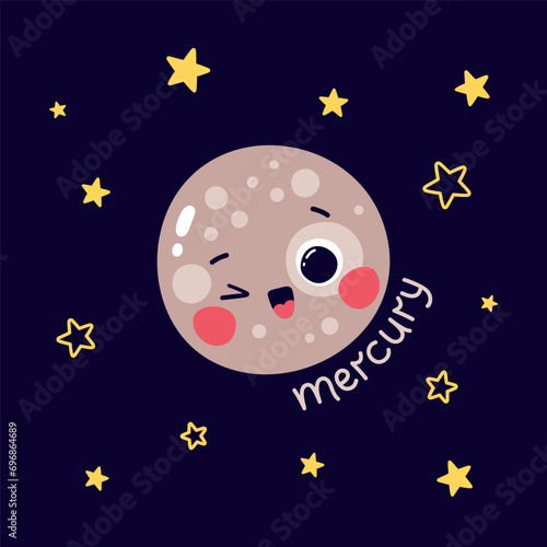 Cute vector illustration of planet mercury character with caption and stars on dark blue background