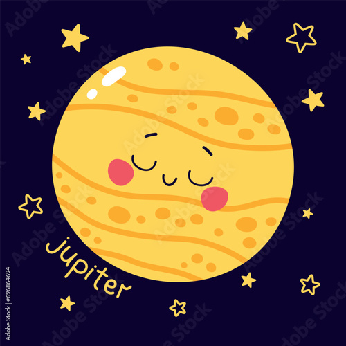 Cute vector illustration of character planet jupiter with caption and stars on dark blue background