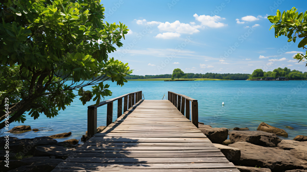 Naklejka premium a wooden dock on a calm lake with trees in the background.