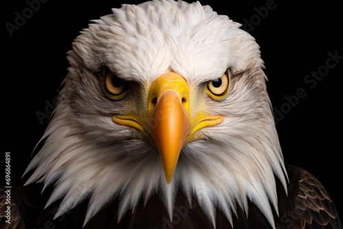 A majestic bald eagle, its sharp beak and intense gaze captured in a studio portrait, set against a brilliant solid backdrop, symbolizing freedom and strength.