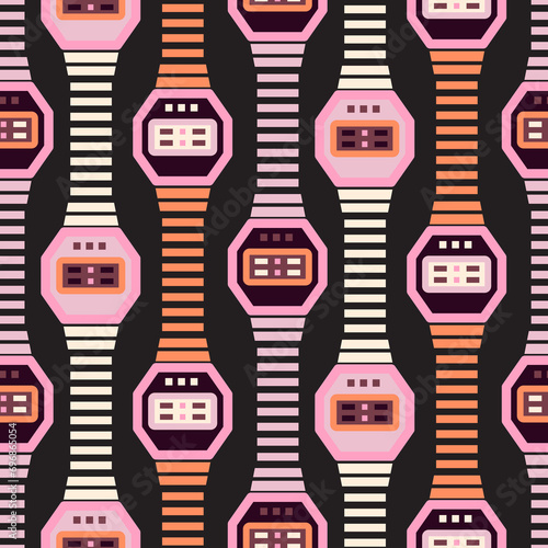 Watches colorful seamless pattern. Fashioned hand watches accessories vector repeat background in grey, pink and orange.