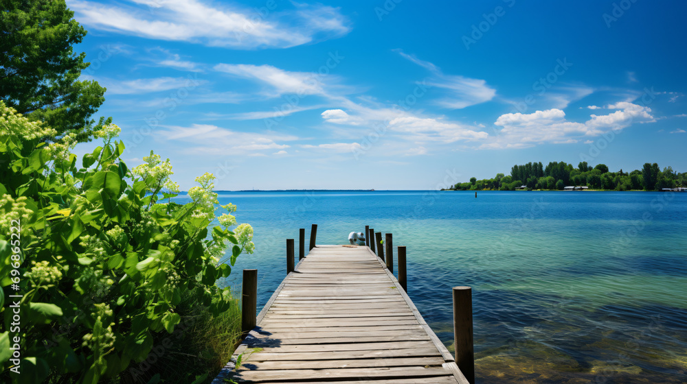 Obraz premium a wooden dock on a calm lake with trees in the background.