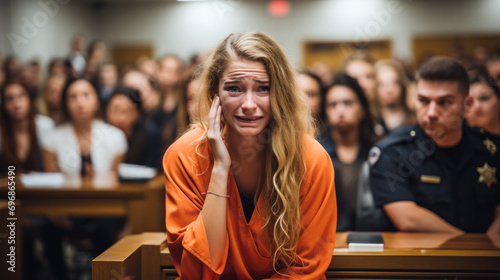 Female prisoner wearing orange jumpsuit crying in the courtroom after hearing the jurys verdict photo
