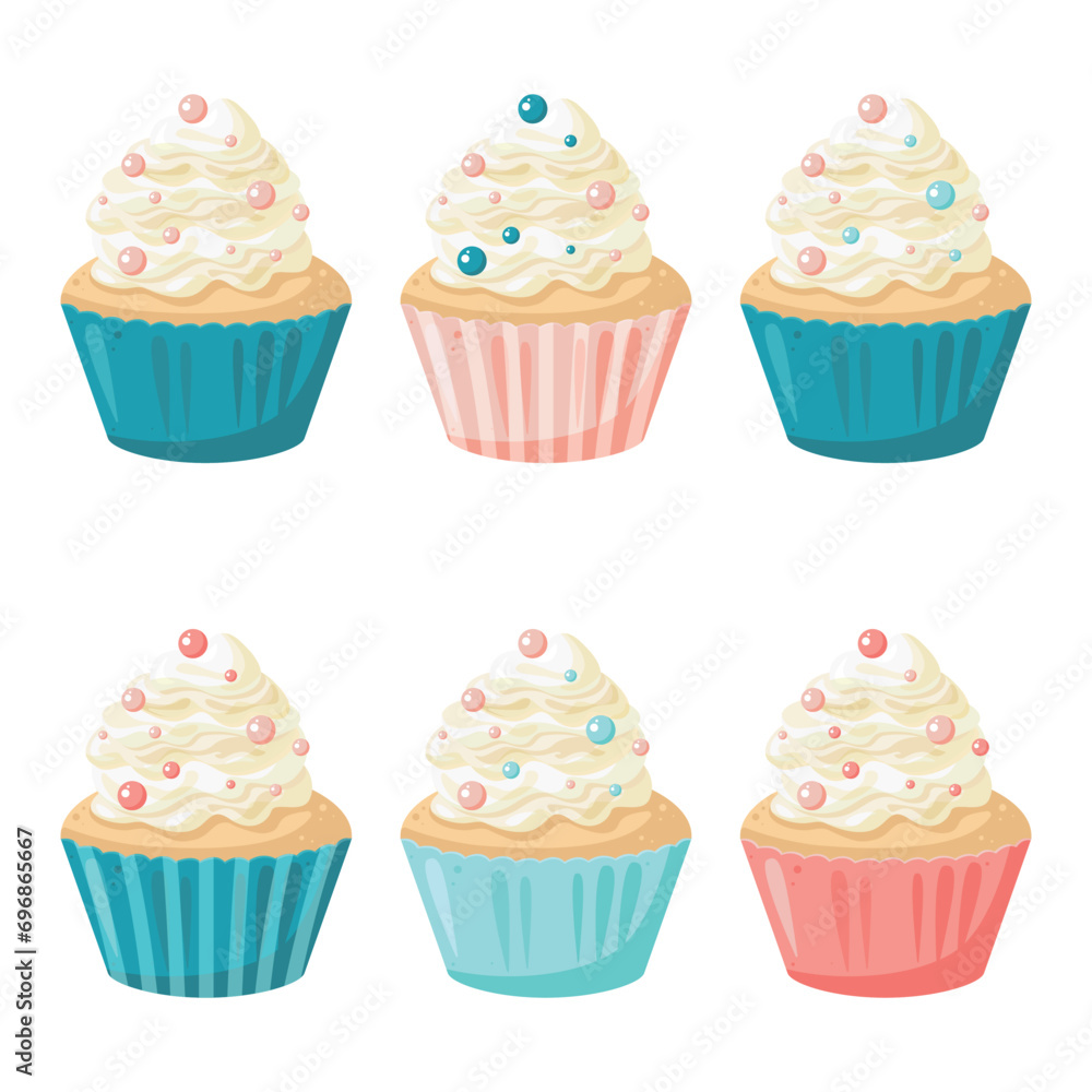 Set of pink and blue cupcakes with white whipped cream and round sprinkles. Isolated clip-art. Bakery, sweet baked goods. Vector illustration Set of pink and blue cupcakes with white whipped cream and round sprinkles. Isolated clip-art. Bakery, sweet baked goods. Vector illustration
