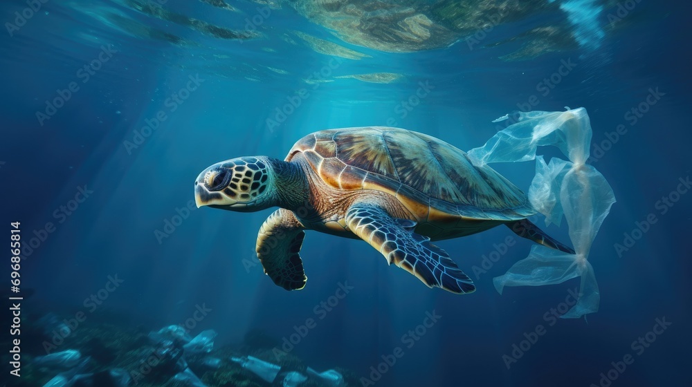 Obraz premium Plastic pollution in ocean problem. Sea Turtle eats plastic bag,A turtle trapped in a plastic bag in the ocean.