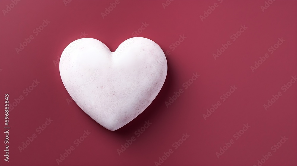 Top View of a White Stone Heart on a burgundy Background. Romantic Template with Copy Space