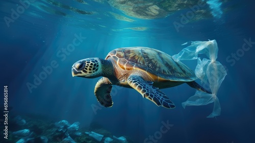 Plastic pollution in ocean problem. Sea Turtle eats plastic bag A turtle trapped in a plastic bag in the ocean.