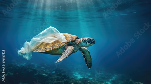 Plastic pollution in ocean problem. Sea Turtle eats plastic bag A turtle trapped in a plastic bag in the ocean.