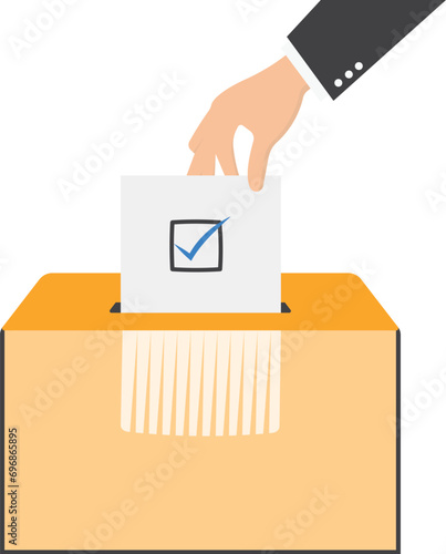 Hand holding shredding ballot. Fake election an manipulating concept. Vector illustration.

