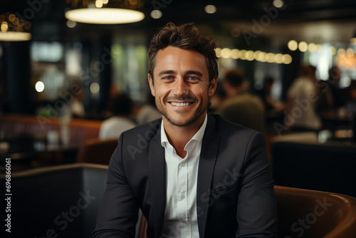 confident smile of an interviewee in a minimalistic setting, with a blurred background adding a cinematic touch to the commercial photo