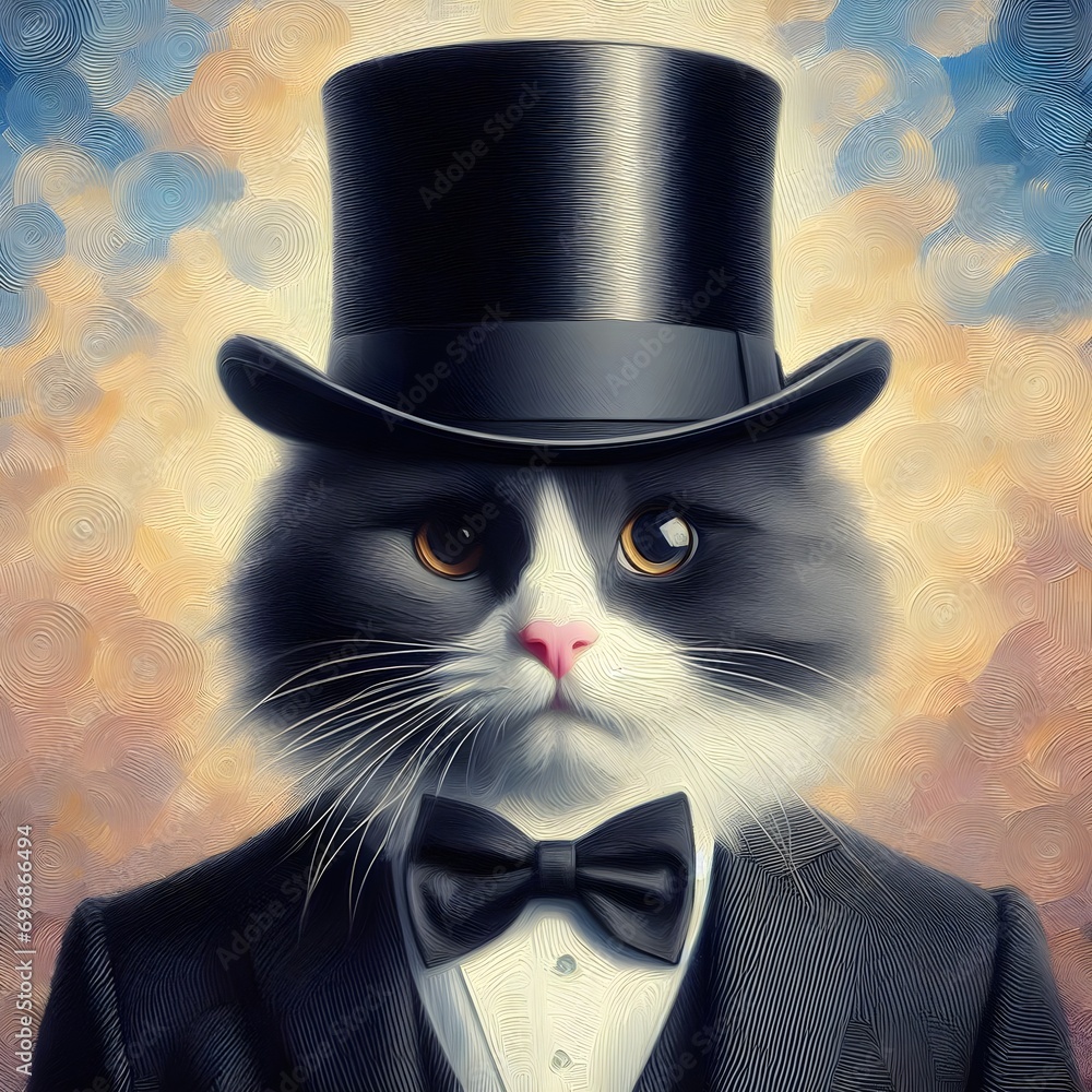 White-grey cat wearing tuxedo suits and black top hat in oil painting art style on abstract background