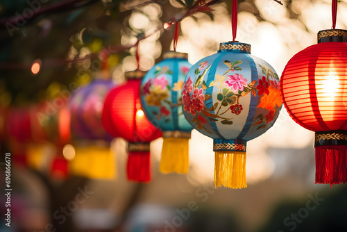 Colorful Chinese Lanterns Hanging in a Park, Celebrating the Spirit of Chinese New Year © Akash